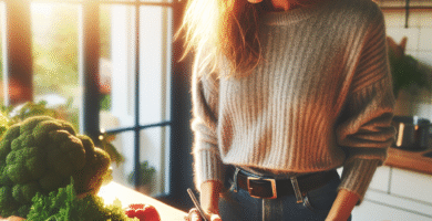 Norsk kvinne eller mann som planlegger et sunt måltid, med notatbok og friske grønnsaker på kjøkkenbenken, varmt naturlig lys, moderne og optimistisk tone