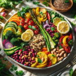 Fargerik vegansk tallerken med quinoa, bønner, ovnsstekte grønnsaker, friske urter og sitronskiver i naturlig dagslys