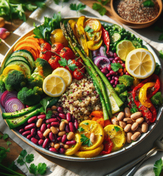 Fargerik vegansk tallerken med quinoa, bønner, ovnsstekte grønnsaker, friske urter og sitronskiver i naturlig dagslys