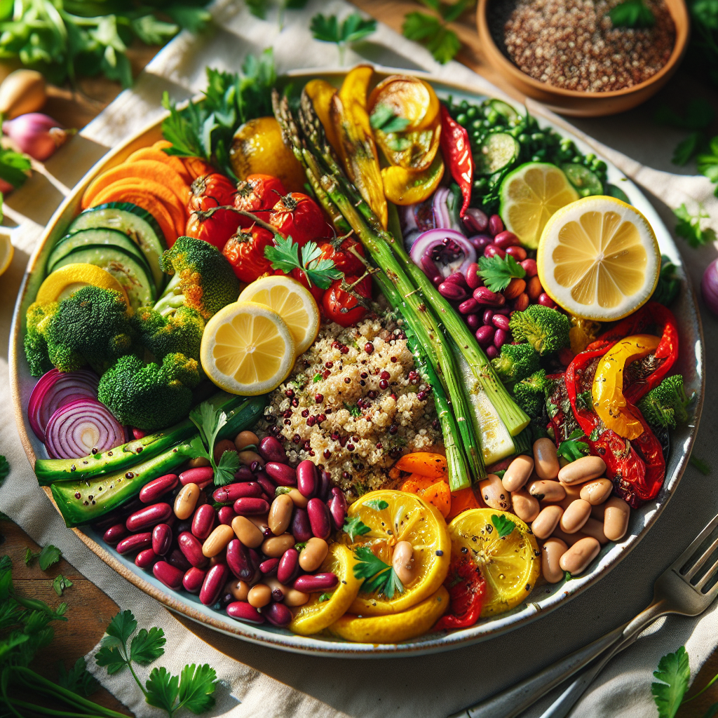 Fargerik vegansk tallerken med quinoa, bønner, ovnsstekte grønnsaker, friske urter og sitronskiver i naturlig dagslys