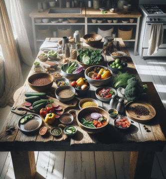 Nordic kitchen scene with healthy meal prep: colorful bowls of vegetables, grains and lean proteins on a rustic wooden table, soft natural light, clean modern style, top-down