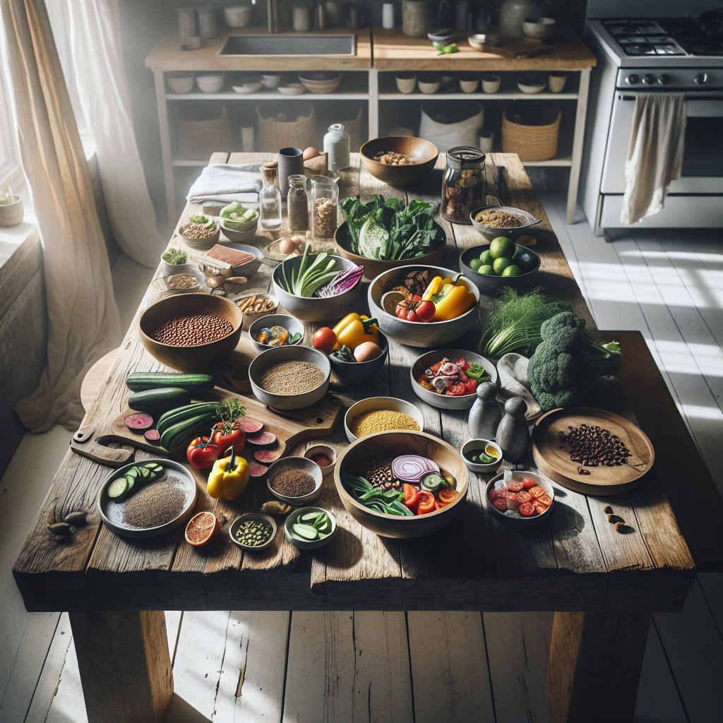 Nordic kitchen scene with healthy meal prep: colorful bowls of vegetables, grains and lean proteins on a rustic wooden table, soft natural light, clean modern style, top-down