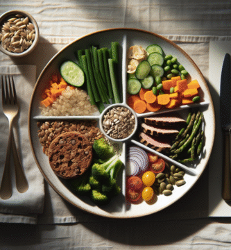 Oversiktsbilde av et sunt måltid på en tallerken delt i seksjoner: grønnsaker, protein, fullkorn; dempet naturlig lys, moderne stil