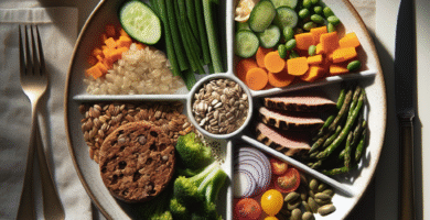 Oversiktsbilde av et sunt måltid på en tallerken delt i seksjoner: grønnsaker, protein, fullkorn; dempet naturlig lys, moderne stil
