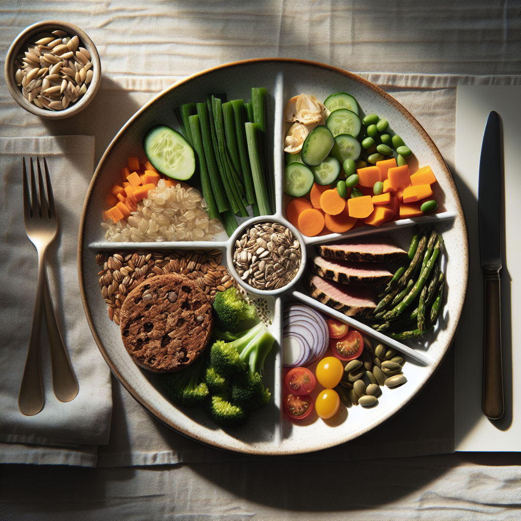 Oversiktsbilde av et sunt måltid på en tallerken delt i seksjoner: grønnsaker, protein, fullkorn; dempet naturlig lys, moderne stil
