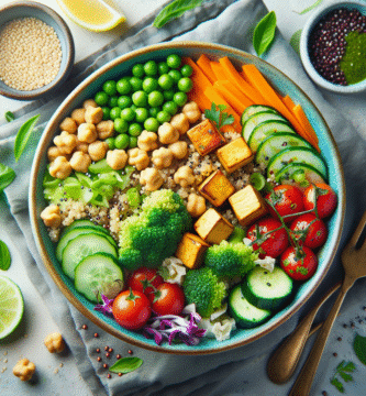 Fargerik vegetarisk måltidsbolle med quinoa, kikerter, tofu, grønnsaker og friske urter, lyst og innbydende, nærbilde