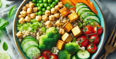 Fargerik vegetarisk måltidsbolle med quinoa, kikerter, tofu, grønnsaker og friske urter, lyst og innbydende, nærbilde