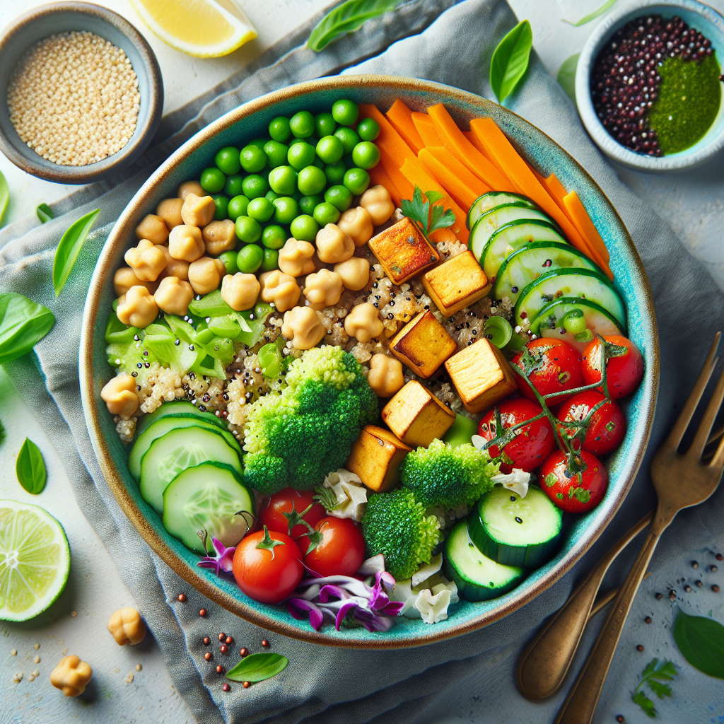 Fargerik vegetarisk måltidsbolle med quinoa, kikerter, tofu, grønnsaker og friske urter, lyst og innbydende, nærbilde