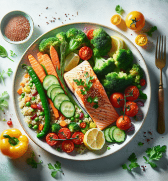 Oversiktsbilde av fargerik, sunn middagstallerken med laks, quinoa og grønnsaker på en lysegrå bakgrunn, friske urter og naturlig lys